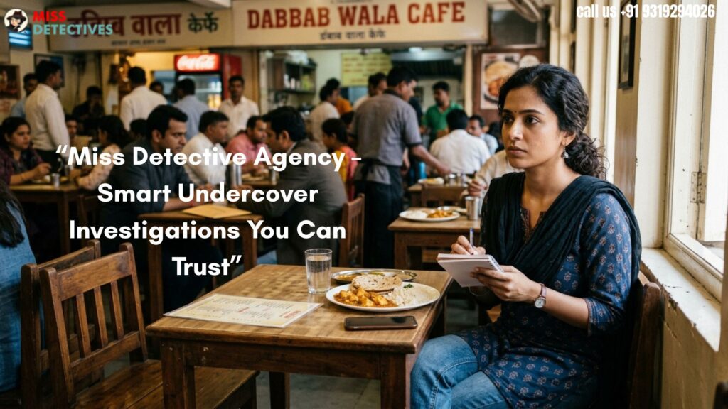 Private detective agency in Jaipur female investigator observing suspects and taking notes inside a busy local cafe during undercover surveillance.