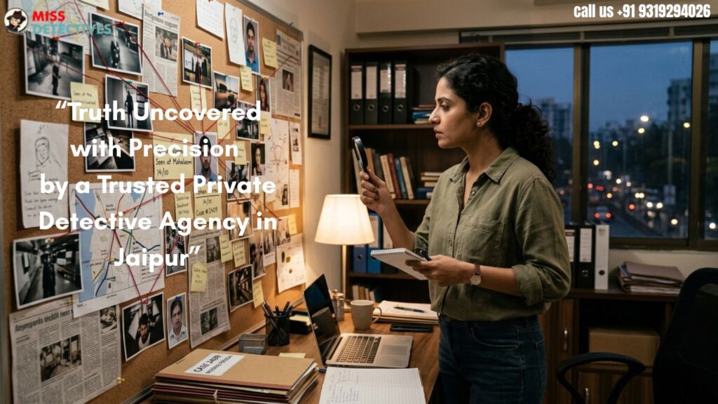 Private detective agency in Jaipur investigator analyzing evidence board in modern office during an active surveillance and crime investigation case.