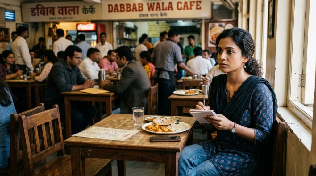 Private detective agency in Jaipur female investigator observing suspects and taking notes inside a busy local cafe during undercover surveillance.