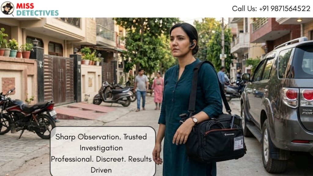 Indian woman detective from a Detective Agency in Noida collecting evidence with a DSLR camera.