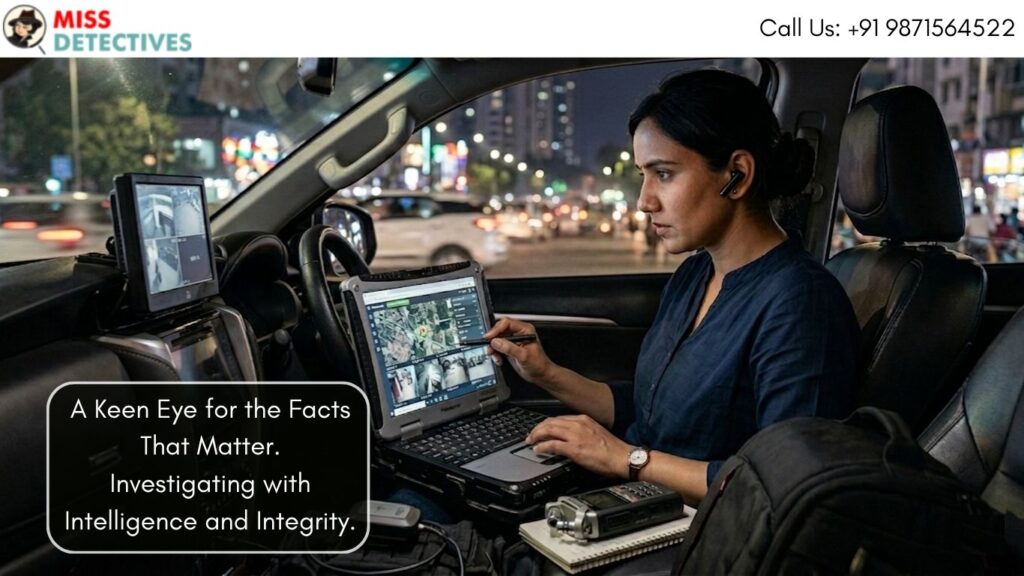 Female investigator from a Detective Agency in Noida reviewing documents during a corporate investigation.