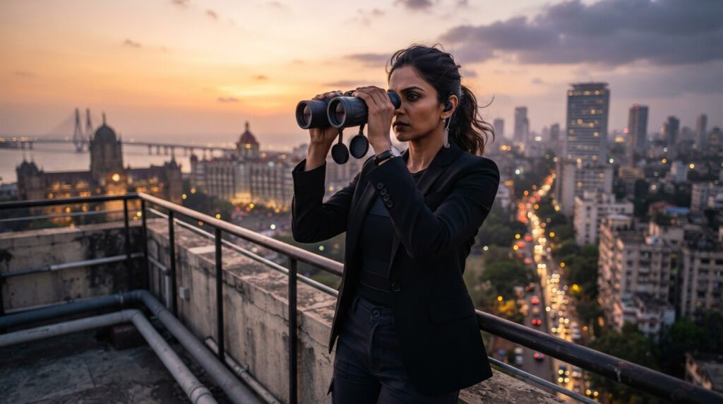 Best Detective Agency in Delhi – Professional female private detective conducting rooftop surveillance with binoculars during a confidential investigation.