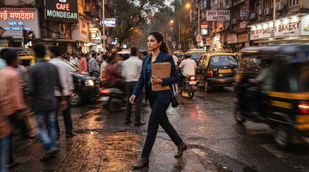 Best Detective Agency in Delhi – Professional female private detective conducting a field investigation and surveillance in a busy urban marketplace.