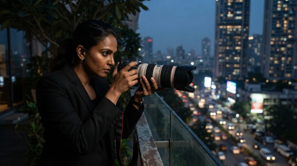 Best Detective Agency in Delhi – Professional female private detective conducting surveillance with a DSLR camera during a confidential investigation.
