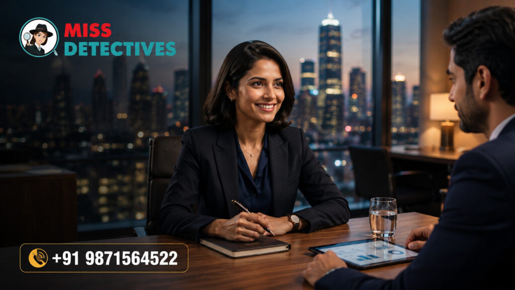 Detective Agency in Mumbai with female detective consulting a client in a professional office.

