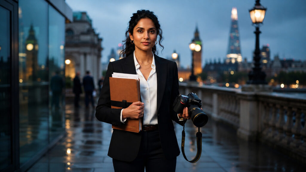 Detective Agency in Mumbai female private investigator carrying a camera and case files for professional surveillance and confidential investigations
