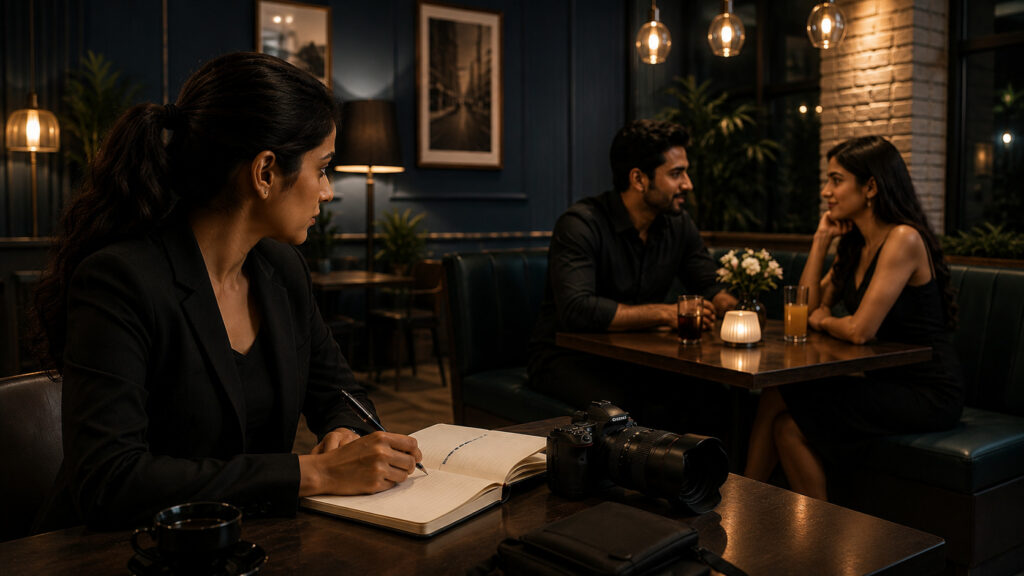 Detective Agency in Mumbai female private investigator conducting discreet restaurant surveillance during a matrimonial investigation with camera and case notes.
