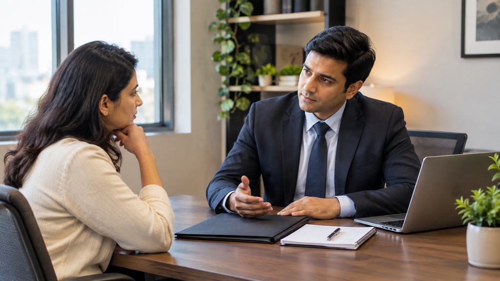 Private investigator consulting a client about an extramarital affair investigation.