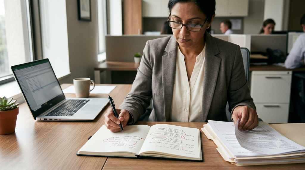 Private investigator reviewing documents during a matrimonial investigation